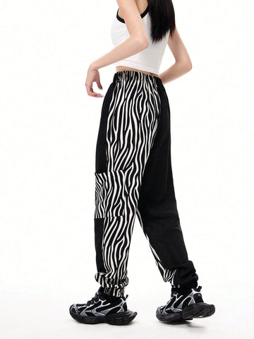 Coolane Fashionable Women's Zebra Pattern Patchwork Jogger Pants With Pockets