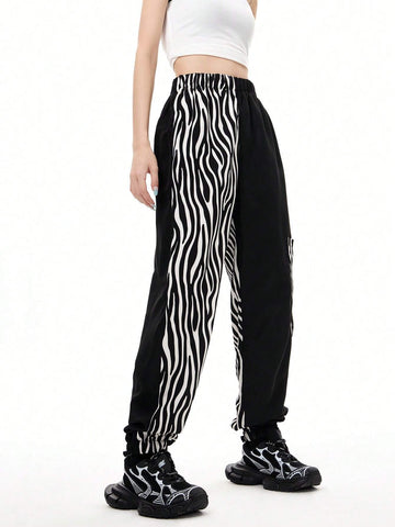 Coolane Fashionable Women's Zebra Pattern Patchwork Jogger Pants With Pockets