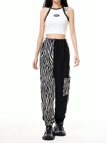 Coolane Fashionable Women's Zebra Pattern Patchwork Jogger Pants With Pockets