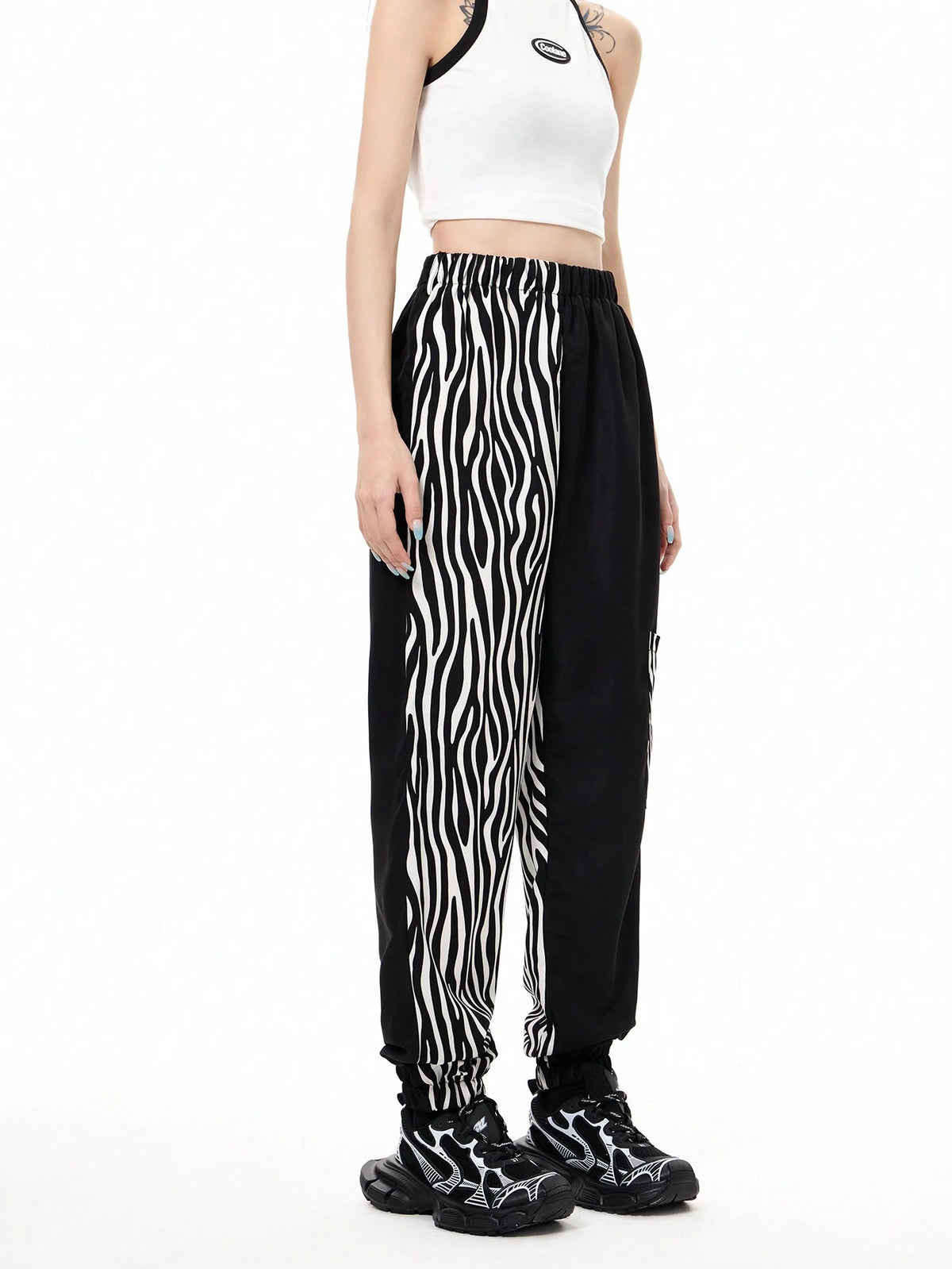 Coolane Fashionable Women's Zebra Pattern Patchwork Jogger Pants With Pockets