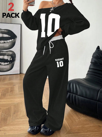 Girls Winter Y2K Preppy Daily Wear Number Printed Keep Warm Asymmetrical Neck Long Sleeve Sweatshirt And White Elastic Waistband Wide Leg Sweatpants