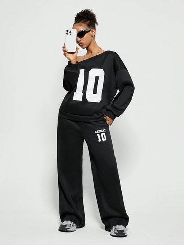Girls Winter Y2K Preppy Daily Wear Number Printed Keep Warm Asymmetrical Neck Long Sleeve Sweatshirt And White Elastic Waistband Wide Leg Sweatpants