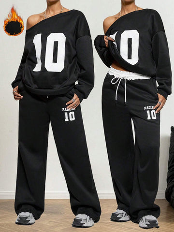 Girls Winter Y2K Preppy Daily Wear Number Printed Keep Warm Asymmetrical Neck Long Sleeve Sweatshirt And White Elastic Waistband Wide Leg Sweatpants