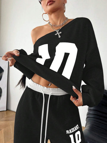 Girls Winter Y2K Preppy Daily Wear Number Printed Keep Warm Asymmetrical Neck Long Sleeve Sweatshirt And White Elastic Waistband Wide Leg Sweatpants