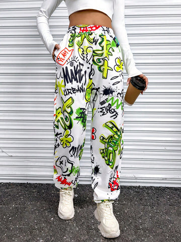 Coolane Graffiti Print Slant Pocket Sweatpants