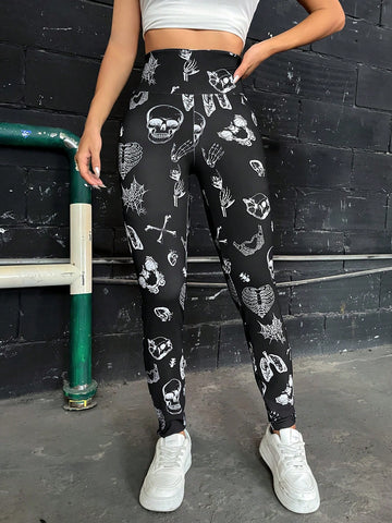 Coolane Halloween Skull Print Wideband Waist Leggings