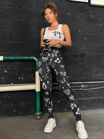 Coolane Halloween Skull Print Wideband Waist Leggings