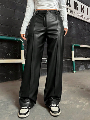Coolane High Waist PU Leather Straight Leg Pants