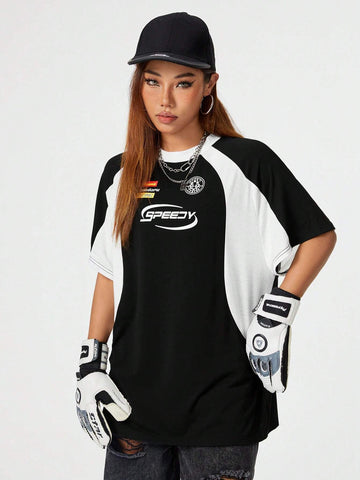 Coolane Ladies Short Sleeve Round Neck Oversized Tee Shirt With Printed Racing Car Letter