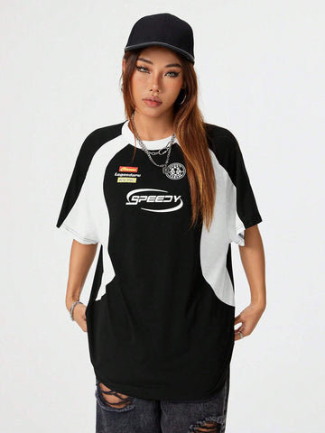 Coolane Ladies Short Sleeve Round Neck Oversized Tee Shirt With Printed Racing Car Letter