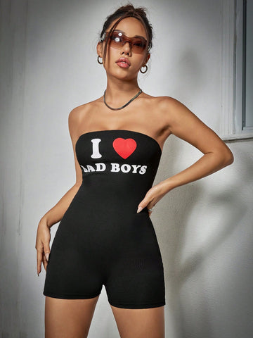 Ladies' Slogan Printed Strapless Tight Romper