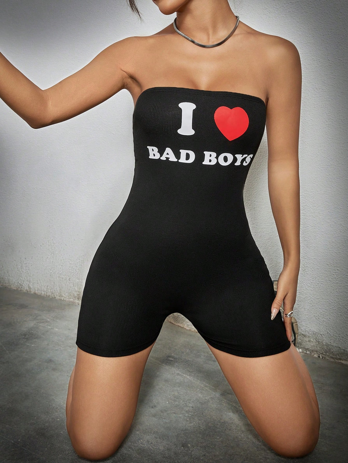 Ladies' Slogan Printed Strapless Tight Romper