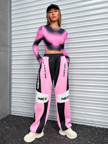 Coolane Letter Graphic Colorblock Slant Pocket Sweatpants