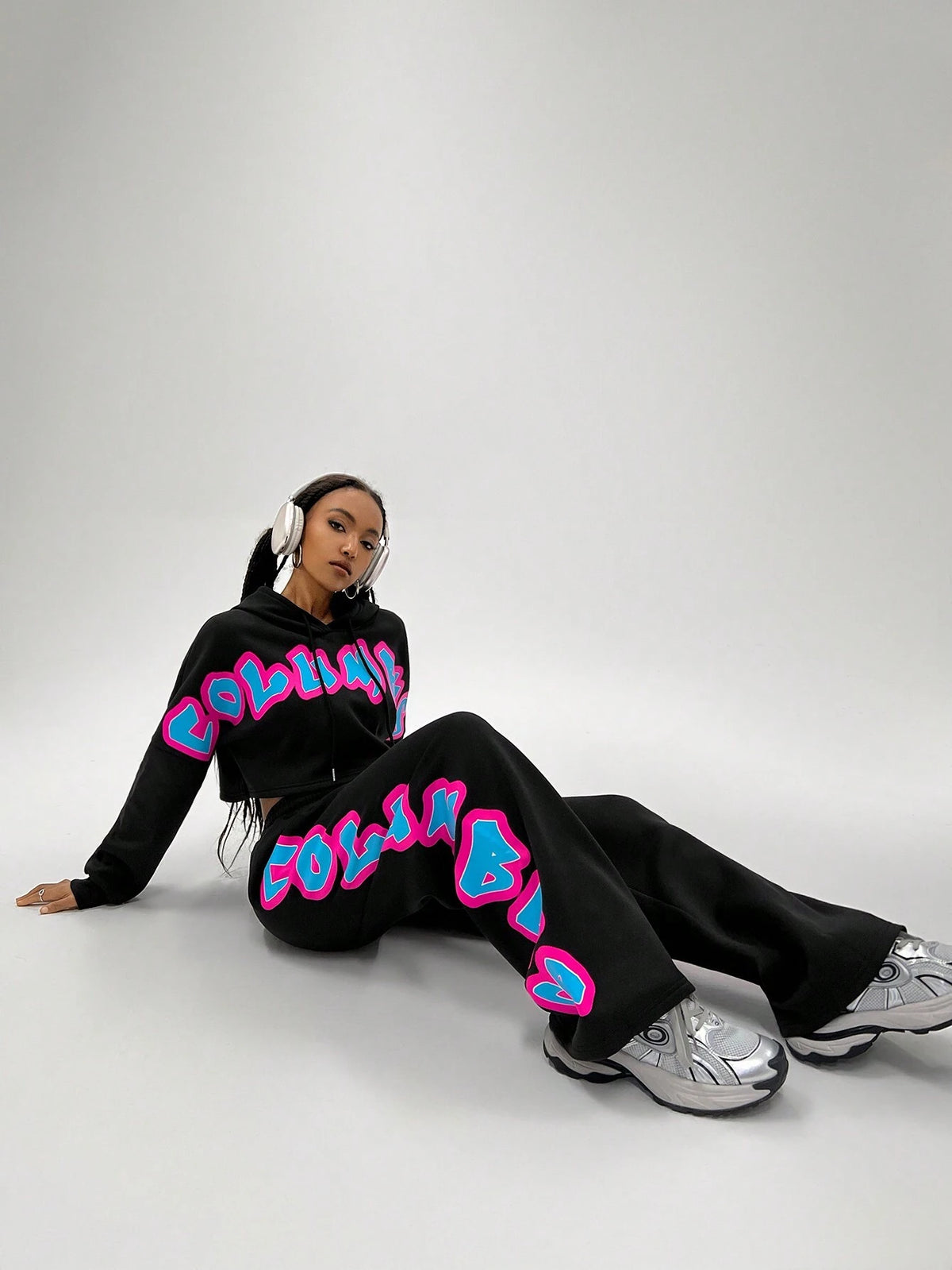 Letter Graphic Drop Shoulder Drawstring Hoodie & Sweatpants