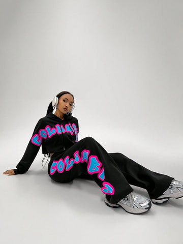 Letter Graphic Drop Shoulder Drawstring Hoodie & Sweatpants