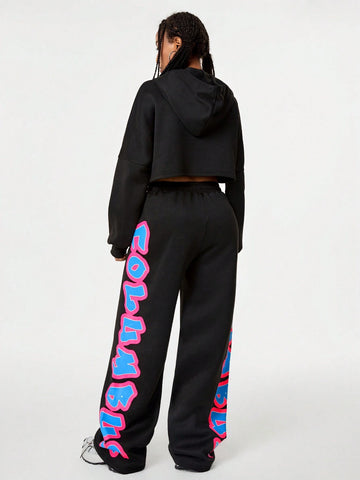 Letter Graphic Drop Shoulder Drawstring Hoodie & Sweatpants