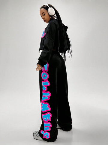 Letter Graphic Drop Shoulder Drawstring Hoodie & Sweatpants