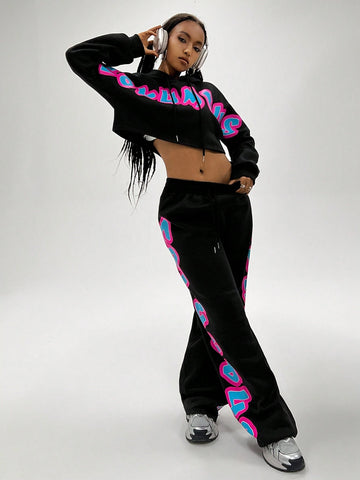 Letter Graphic Drop Shoulder Drawstring Hoodie & Sweatpants