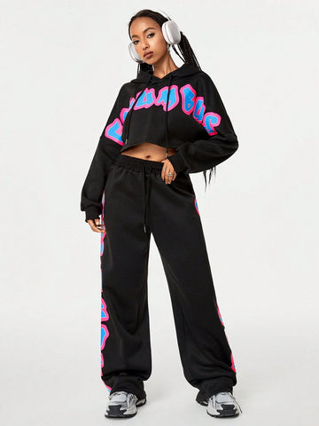 Letter Graphic Drop Shoulder Drawstring Hoodie & Sweatpants