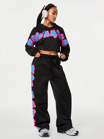 Letter Graphic Drop Shoulder Drawstring Hoodie & Sweatpants