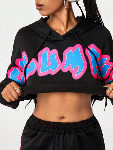 Letter Graphic Drop Shoulder Drawstring Hoodie & Sweatpants