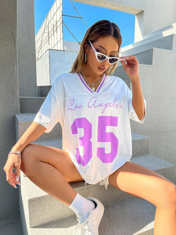 Coolane Letter Graphic Drop Shoulder Striped Trim V-neck Tee