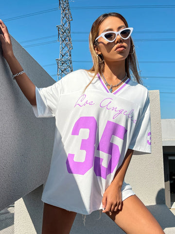 Coolane Letter Graphic Drop Shoulder Striped Trim V-neck Tee