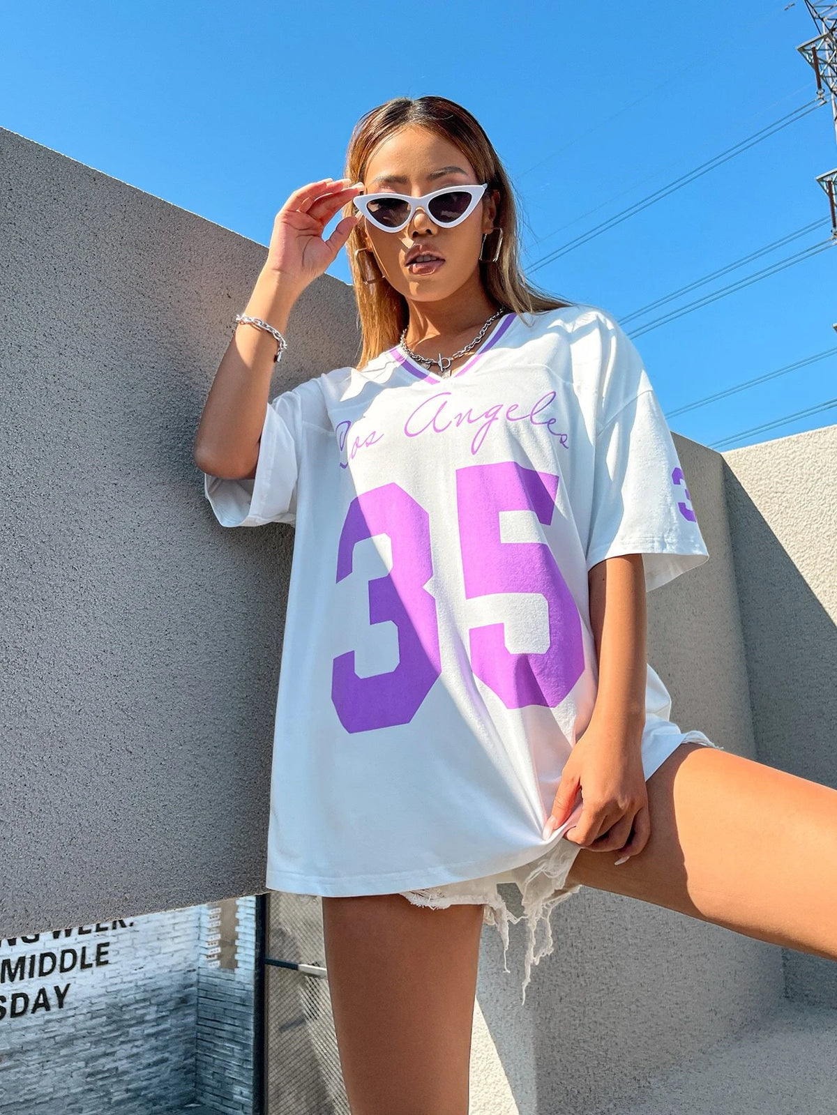 Coolane Letter Graphic Drop Shoulder Striped Trim V-neck Tee