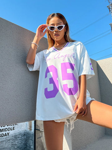 Coolane Letter Graphic Drop Shoulder Striped Trim V-neck Tee