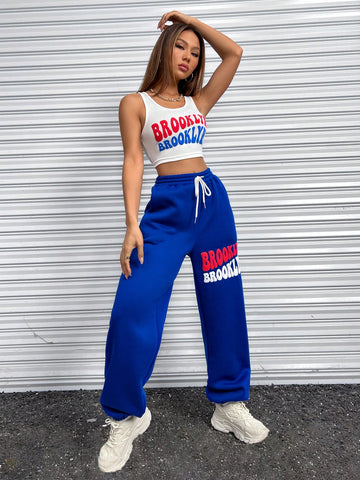 Letter Graphic Tank Top & Drawstring Waist Sweatpants