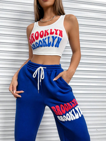 Letter Graphic Tank Top & Drawstring Waist Sweatpants