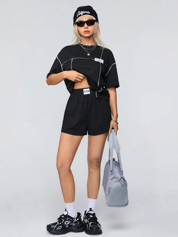 Letter Patchwork T-Shirt And Shorts With Outer Seam