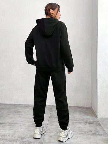 Letter Pattern Drawstring Hooded Sweatshirt And Sweatpants Set