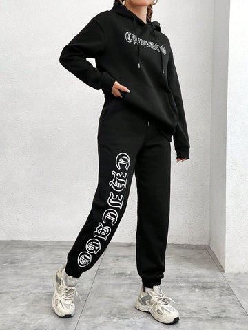 Letter Pattern Drawstring Hooded Sweatshirt And Sweatpants Set
