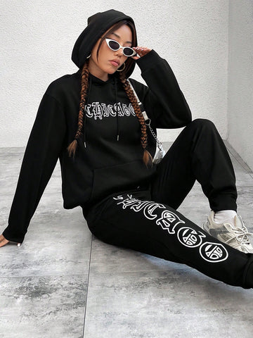 Letter Pattern Drawstring Hooded Sweatshirt And Sweatpants Set