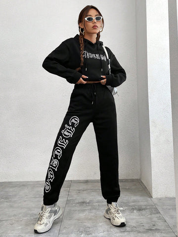 Letter Pattern Drawstring Hooded Sweatshirt And Sweatpants Set