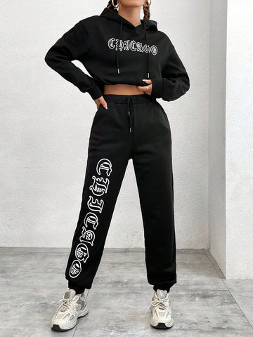 Letter Pattern Drawstring Hooded Sweatshirt And Sweatpants Set