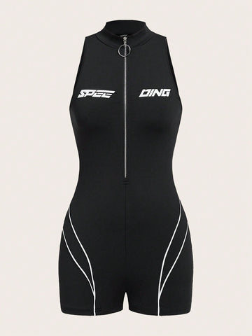 Letter Print Contrast Piping Zipper Half-Front Romper