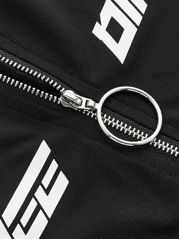 Letter Print Contrast Piping Zipper Half-Front Romper