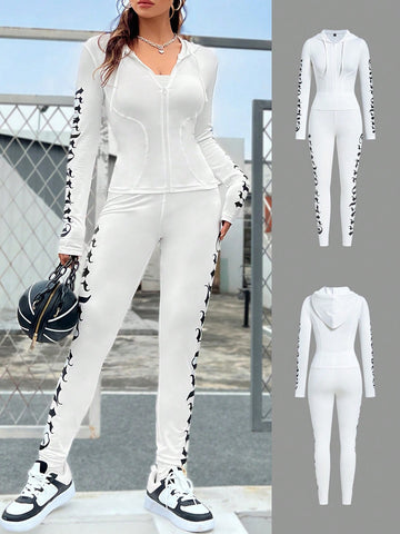 Letter Printed Drawstring Hoodie And Long Pants Set