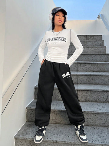 Letter Printing Round Neck Top And Pants Set