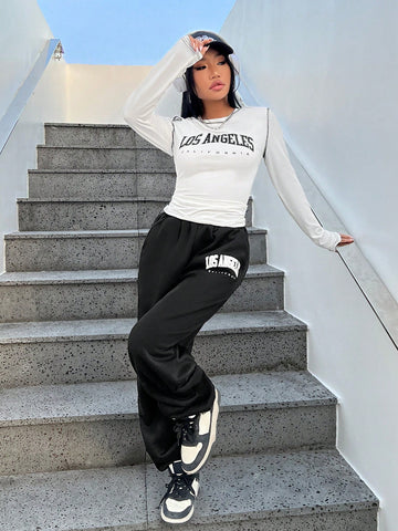 Letter Printing Round Neck Top And Pants Set