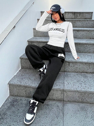 Letter Printing Round Neck Top And Pants Set