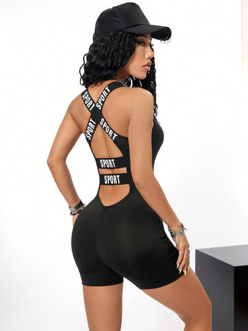 Letter Ribbed Bandage Backless Jumpsuit, Women Fitness Jumpsuit