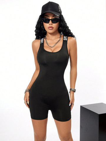Letter Ribbed Bandage Backless Jumpsuit, Women Fitness Jumpsuit