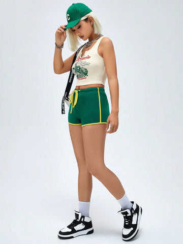 Letter & Motorcycle Print Vest And Shorts Set For Women