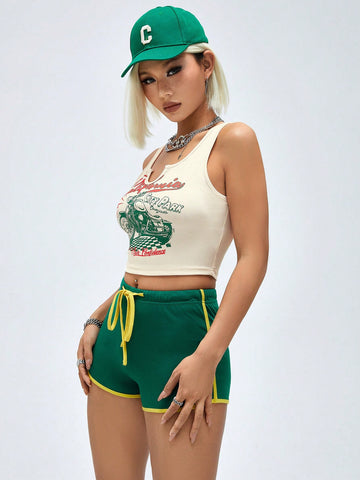 Letter & Motorcycle Print Vest And Shorts Set For Women