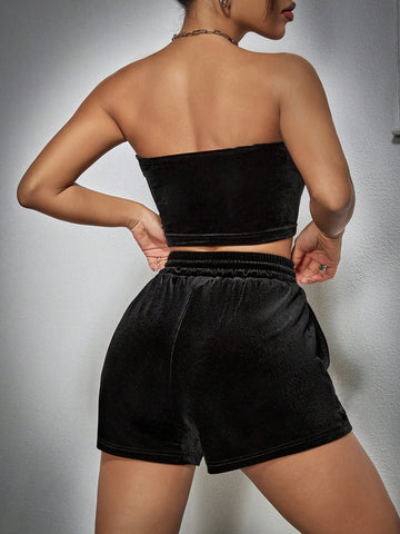 Letter & Star Rhinestone Embellished Velvet Strapless Crop Top And Shorts Set