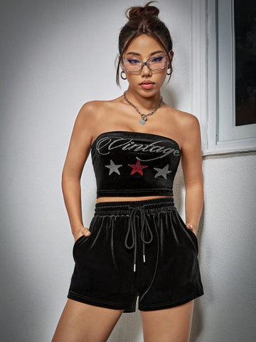 Letter & Star Rhinestone Embellished Velvet Strapless Crop Top And Shorts Set