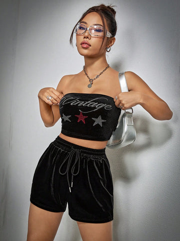 Letter & Star Rhinestone Embellished Velvet Strapless Crop Top And Shorts Set